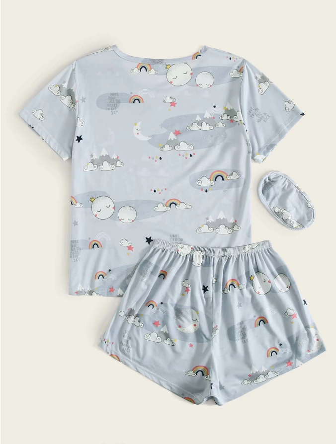 Cartoon Graphic Pajama Set with Eye Cover