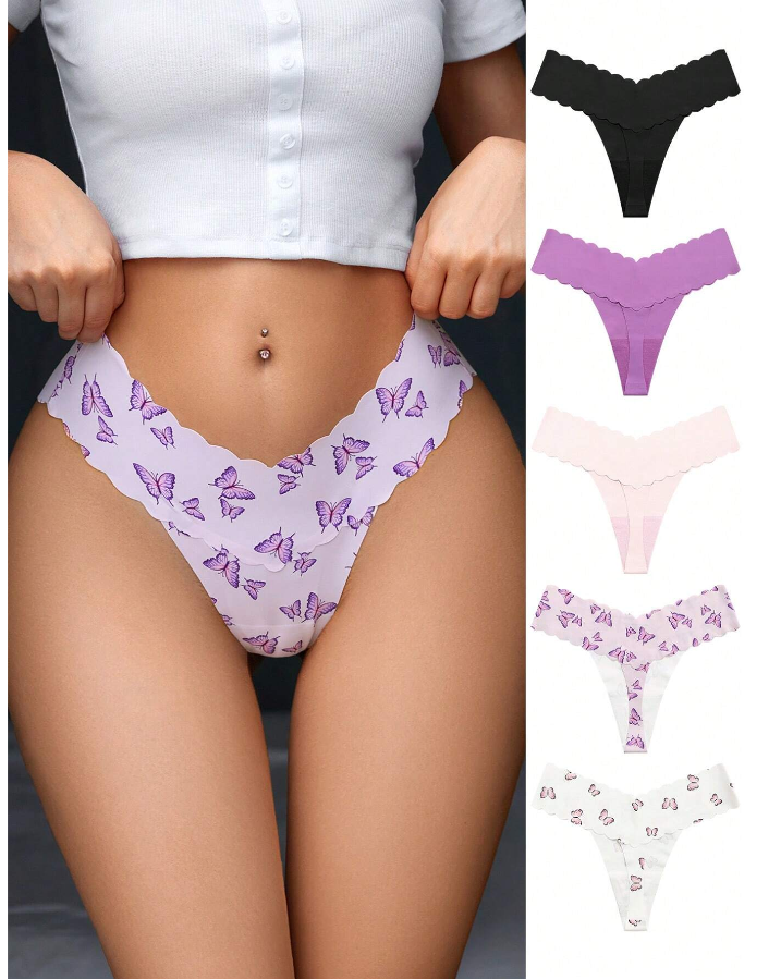 5packs Butterfly Print Scallop Trim Sexy Panties