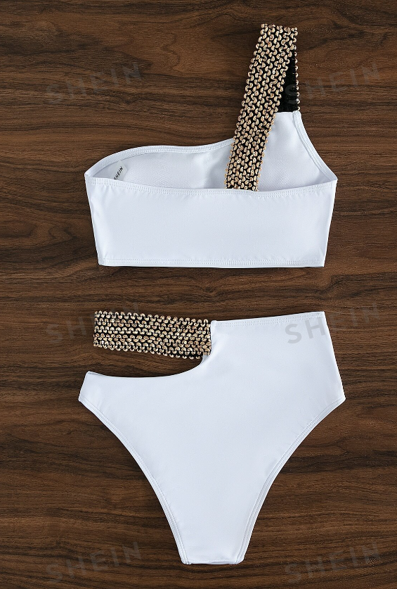 One Shoulder Wireless Bra Top & Cut Out High Waist Bikini