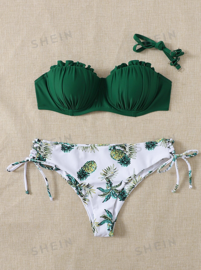 Swim Summer Beach Pineapple Print Frill Push Up Bikini Set
