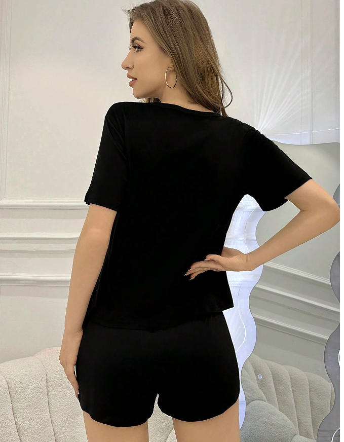 Slogan Printed Short Sleeve T-Shirt And Shorts Pajamas Set