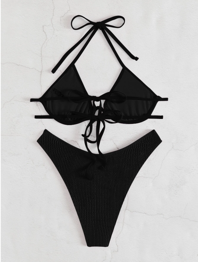 Swim Summer Beach Plain Textured Halter Push Up High Cut Bikini