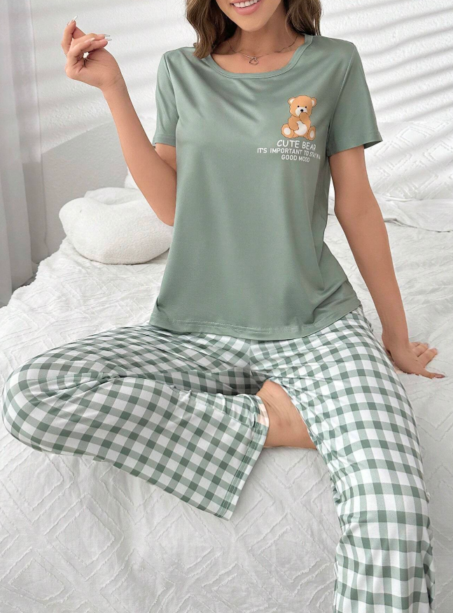 Bear Print Short Sleeve Pajama Set with Mesh Pants, SpringSummer