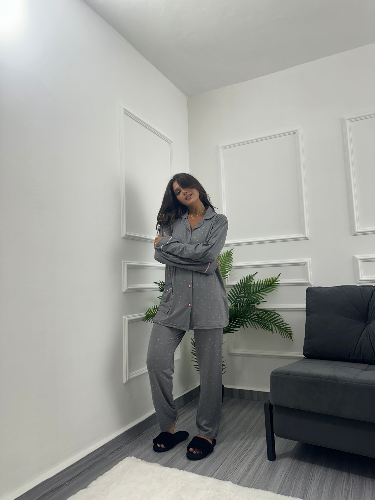 Dark grey dotted chemise set