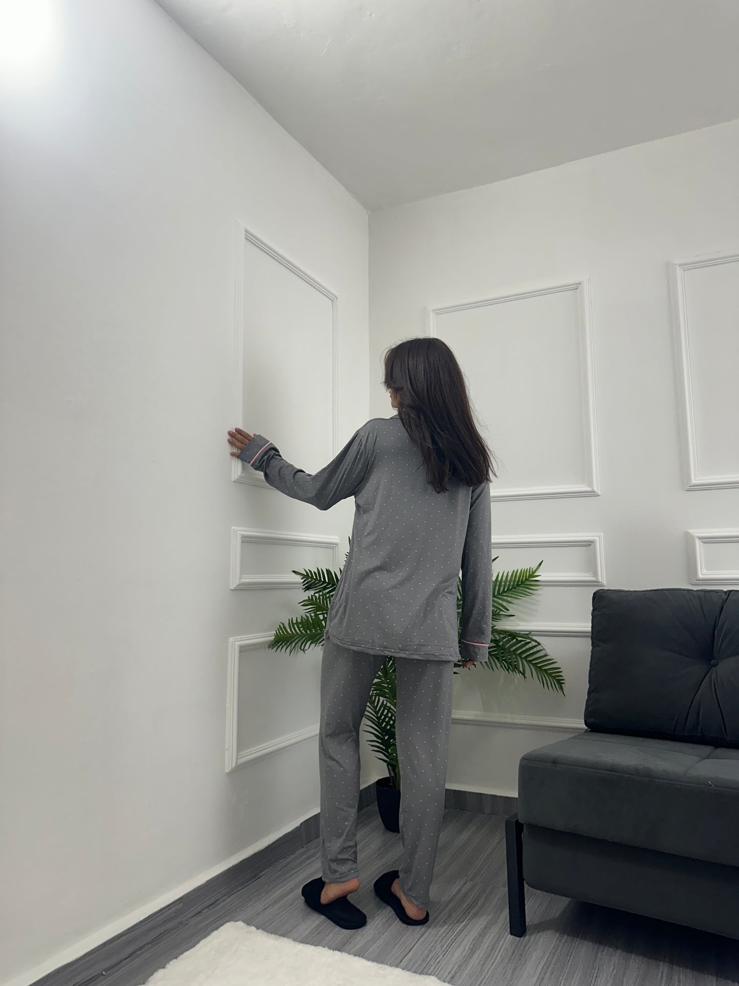 Dark grey dotted chemise set