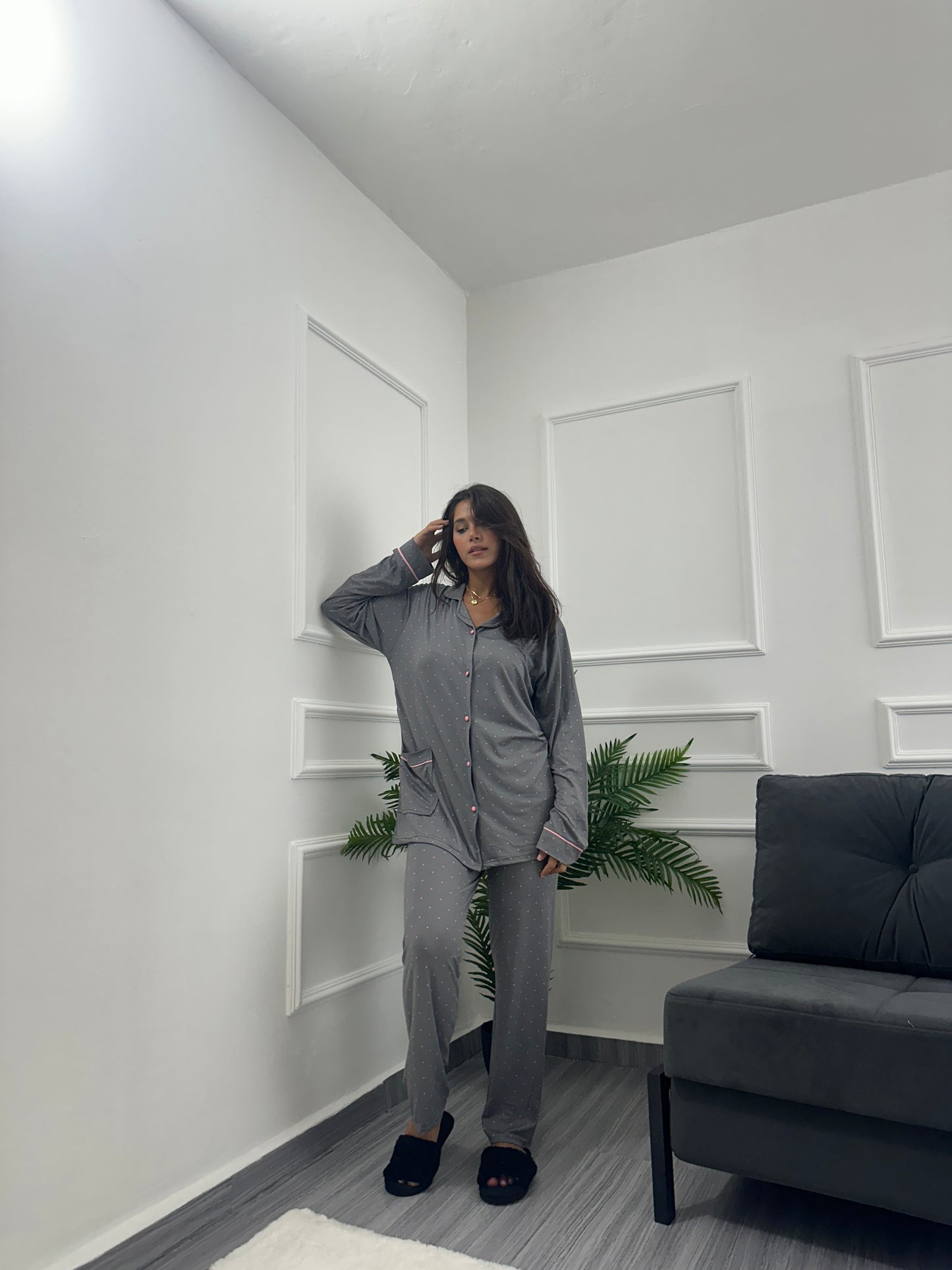 Dark grey dotted chemise set