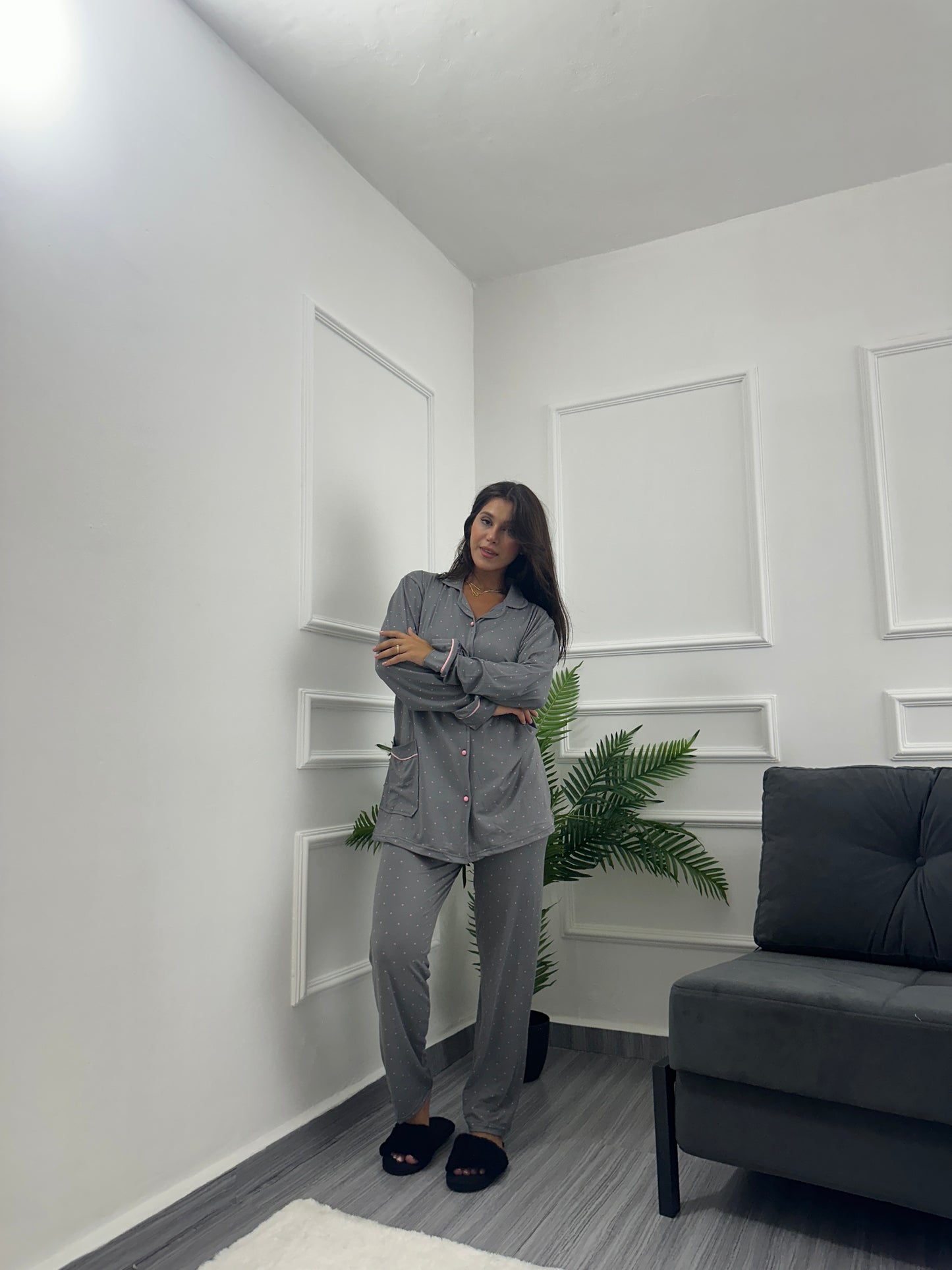 Dark grey dotted chemise set