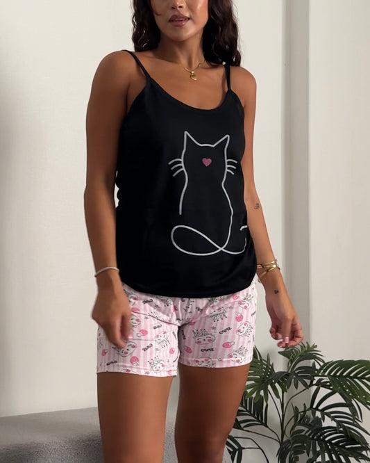Pyjama Short Set - Black Cat