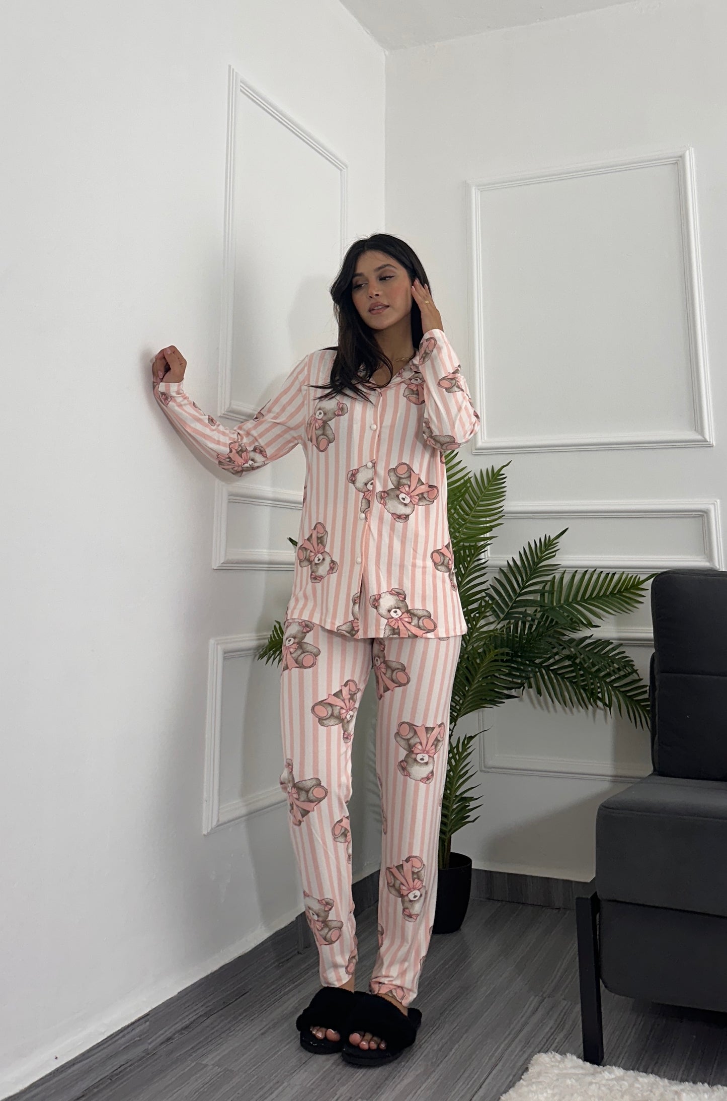 Teddy striped pink pyjama set