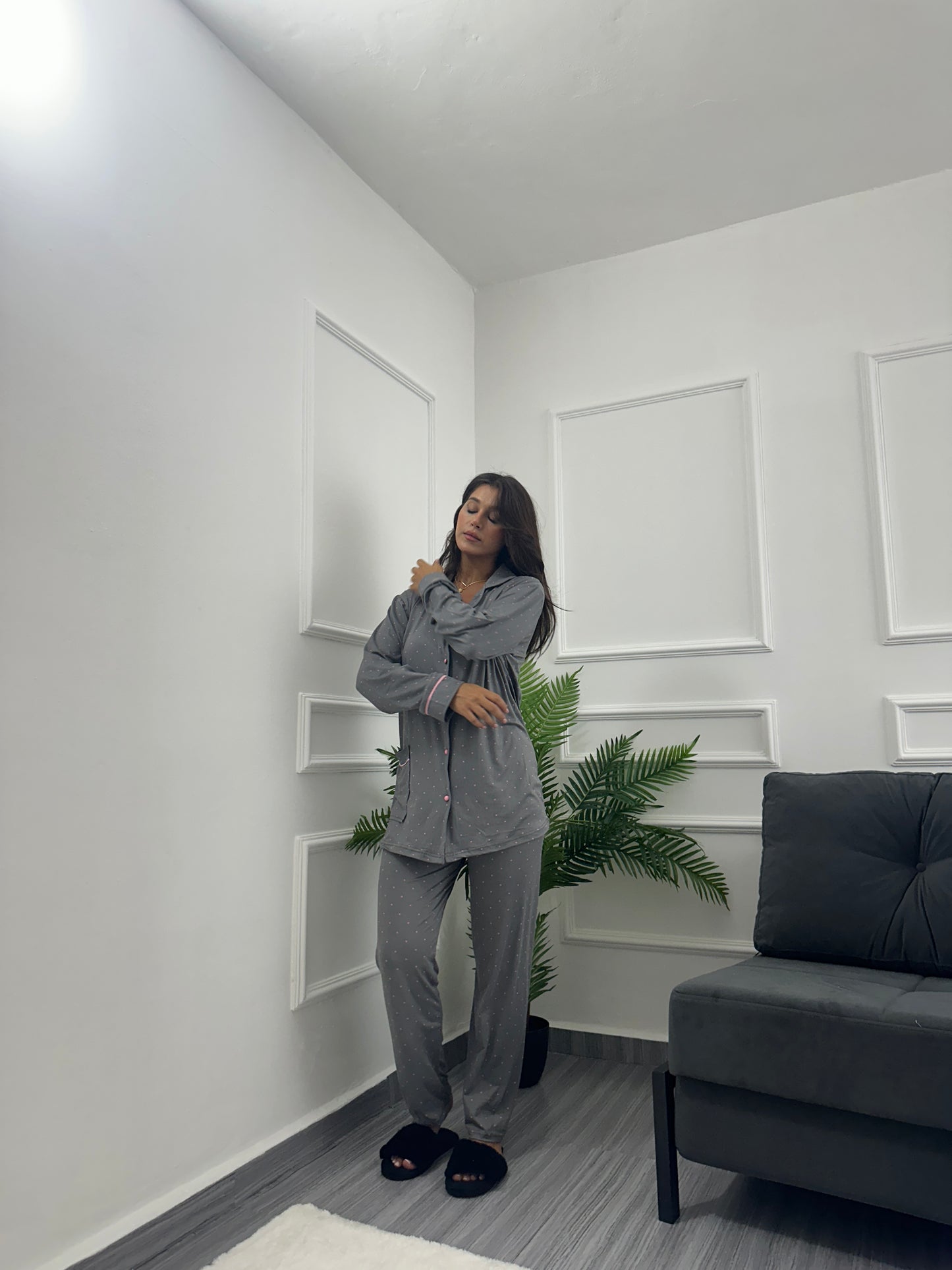 Dark grey dotted chemise set