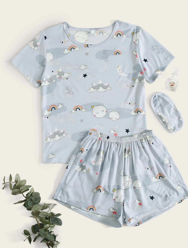Cartoon Graphic Pajama Set with Eye Cover