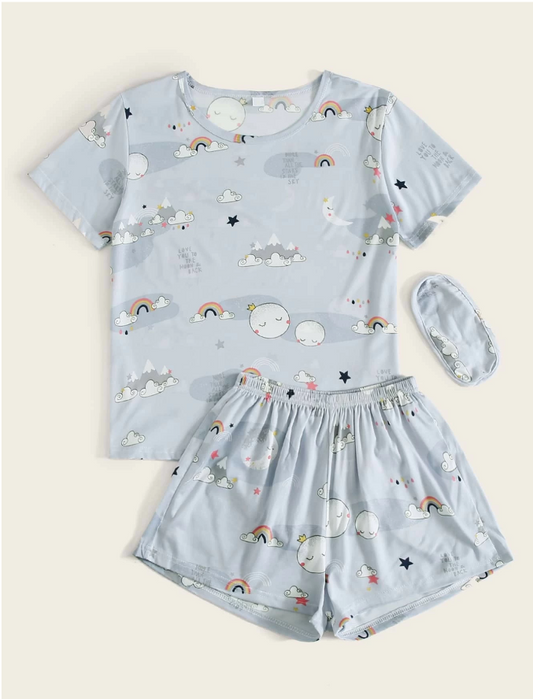 Cartoon Graphic Pajama Set with Eye Cover