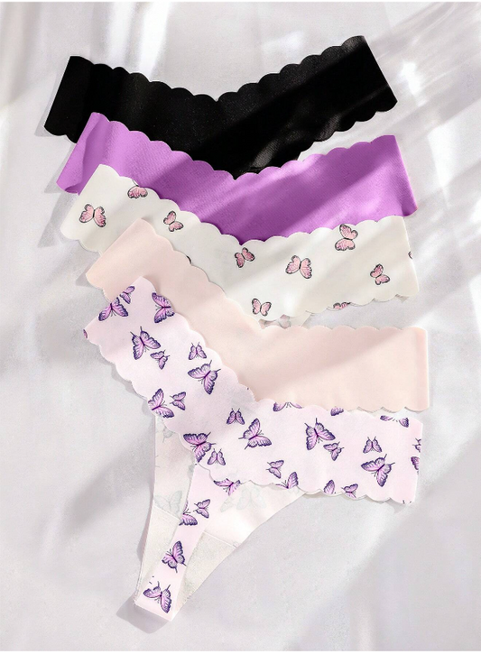 5packs Butterfly Print Scallop Trim Sexy Panties