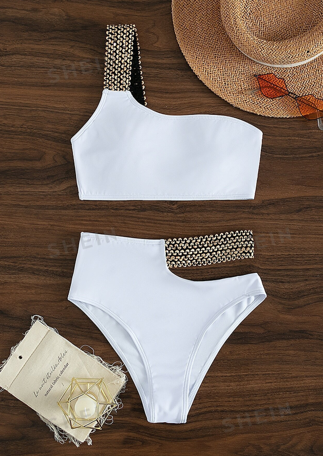 One Shoulder Wireless Bra Top & Cut Out High Waist Bikini