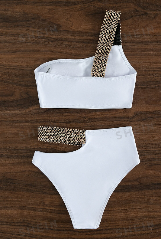One Shoulder Wireless Bra Top & Cut Out High Waist Bikini