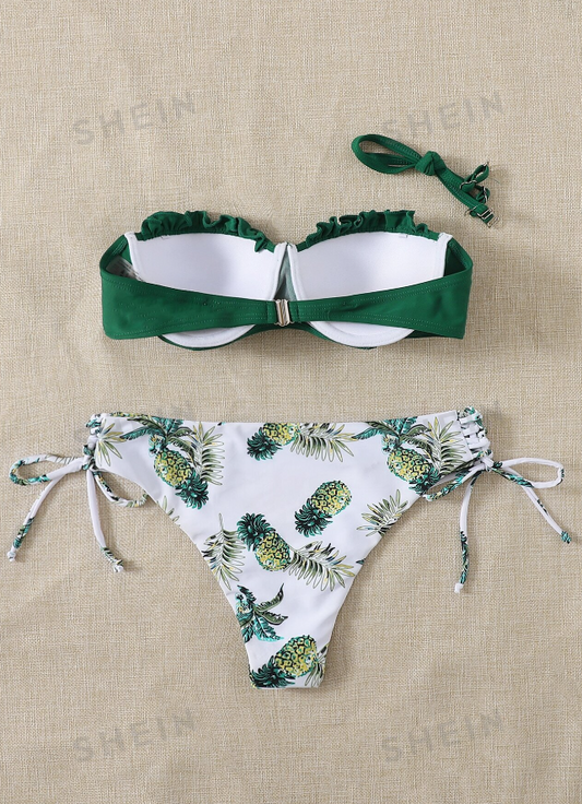 Swim Summer Beach Pineapple Print Frill Push Up Bikini Set