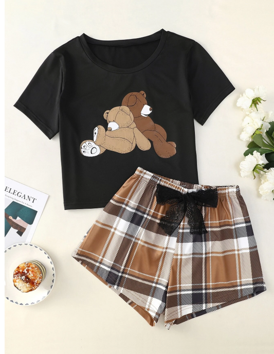 Cartoon Graphic Tee And Plaid Shorts PJ Set  Pajama Set