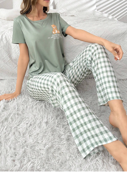 Bear Print Short Sleeve Pajama Set with Mesh Pants, SpringSummer