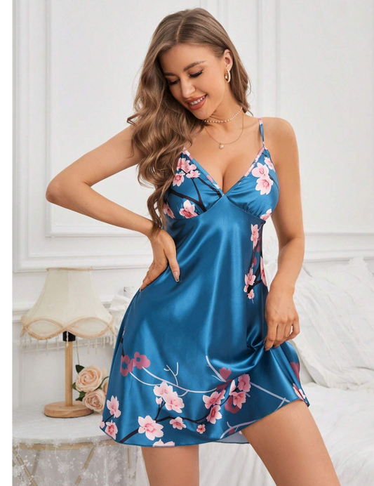 Floral Printed Satin Camisole Pajama Night Dress